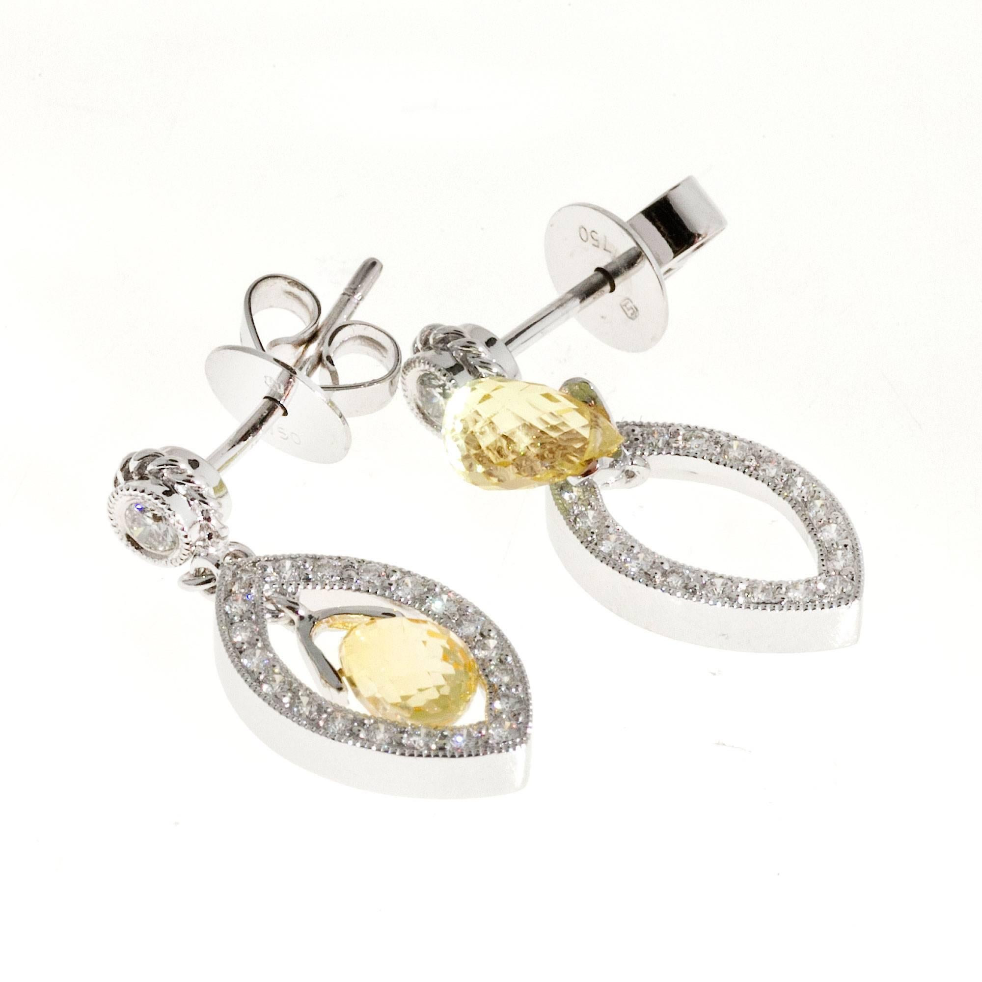 Yellow Sapphire Briolette Pave Diamond Gold Dangle Earrings In Good Condition In Stamford, CT