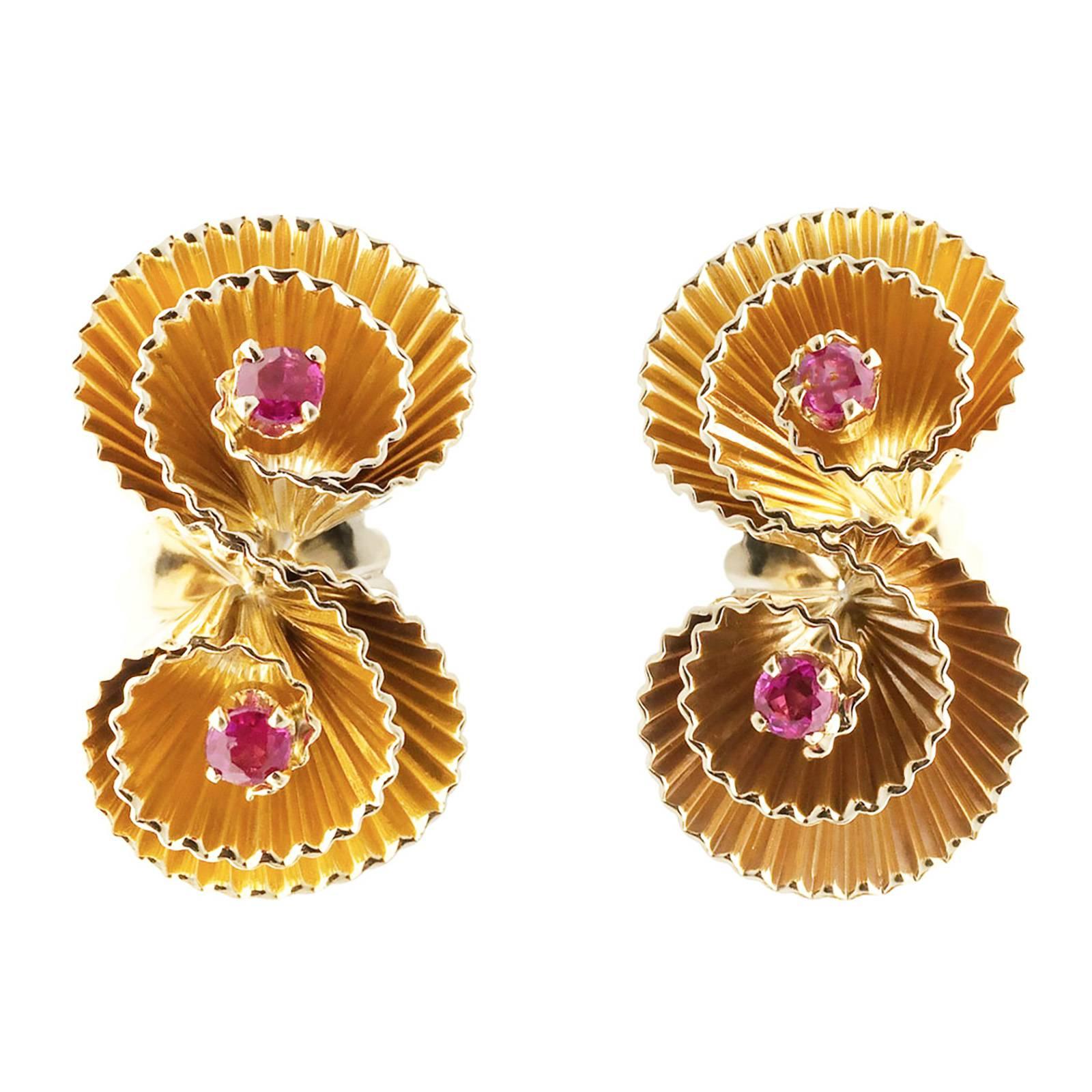1950s Handmade Ruby Gold Double Swirl Earrings