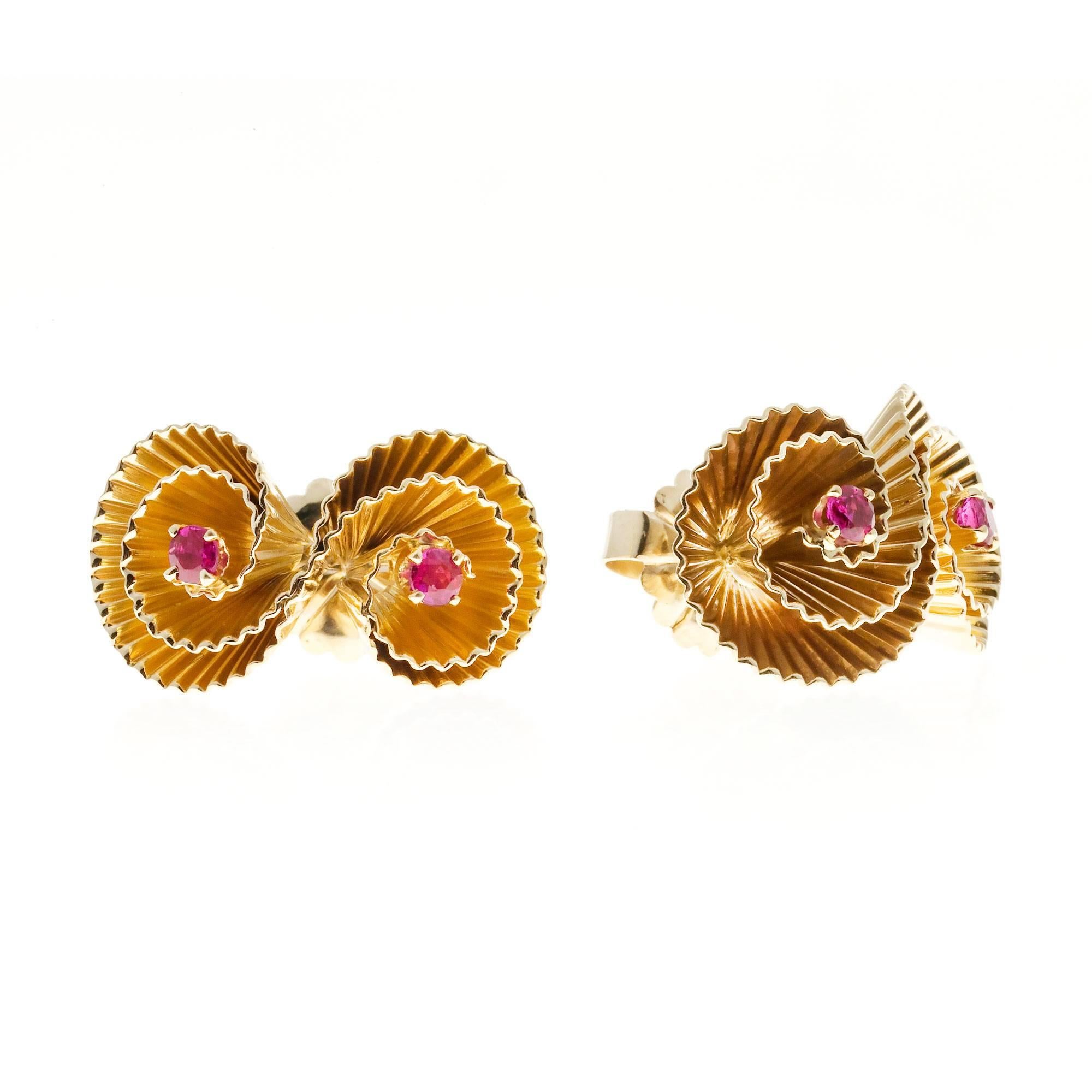 Women's 1950s Handmade Ruby Gold Double Swirl Earrings