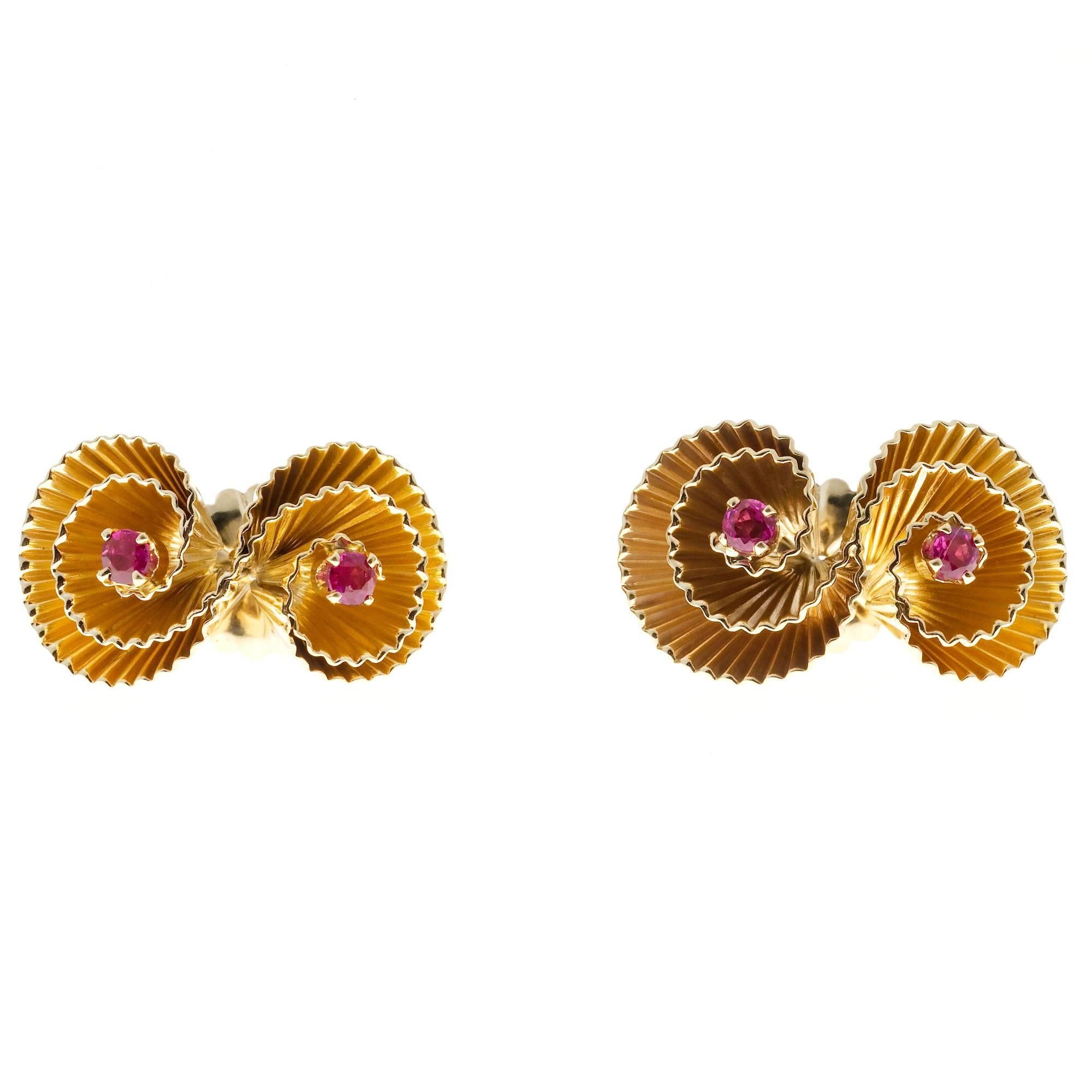 1950s Handmade Ruby Gold Double Swirl Earrings In Good Condition In Stamford, CT