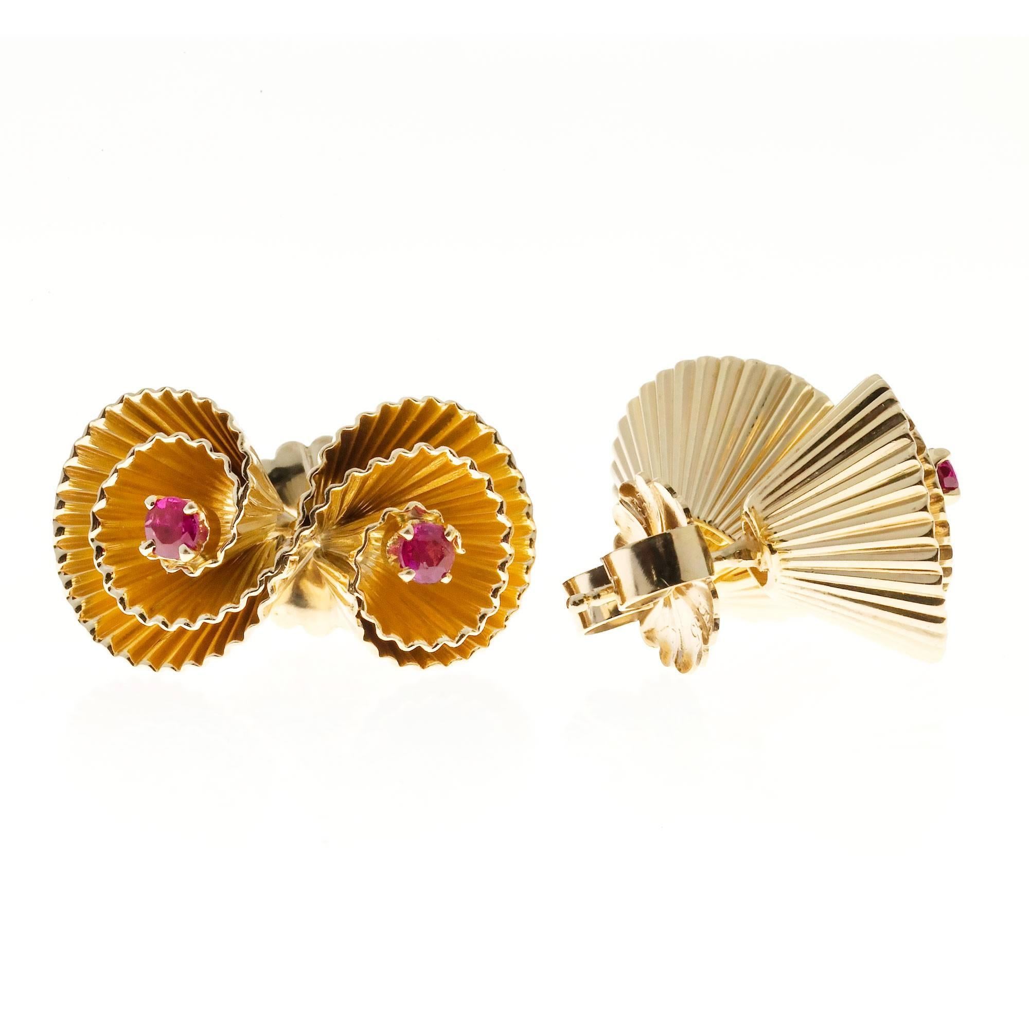 1950s Handmade Ruby Gold Double Swirl Earrings 1