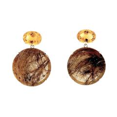 Peter Suchy Citrine Rutilated Quartz Gold Large Dangle Earrings 12
