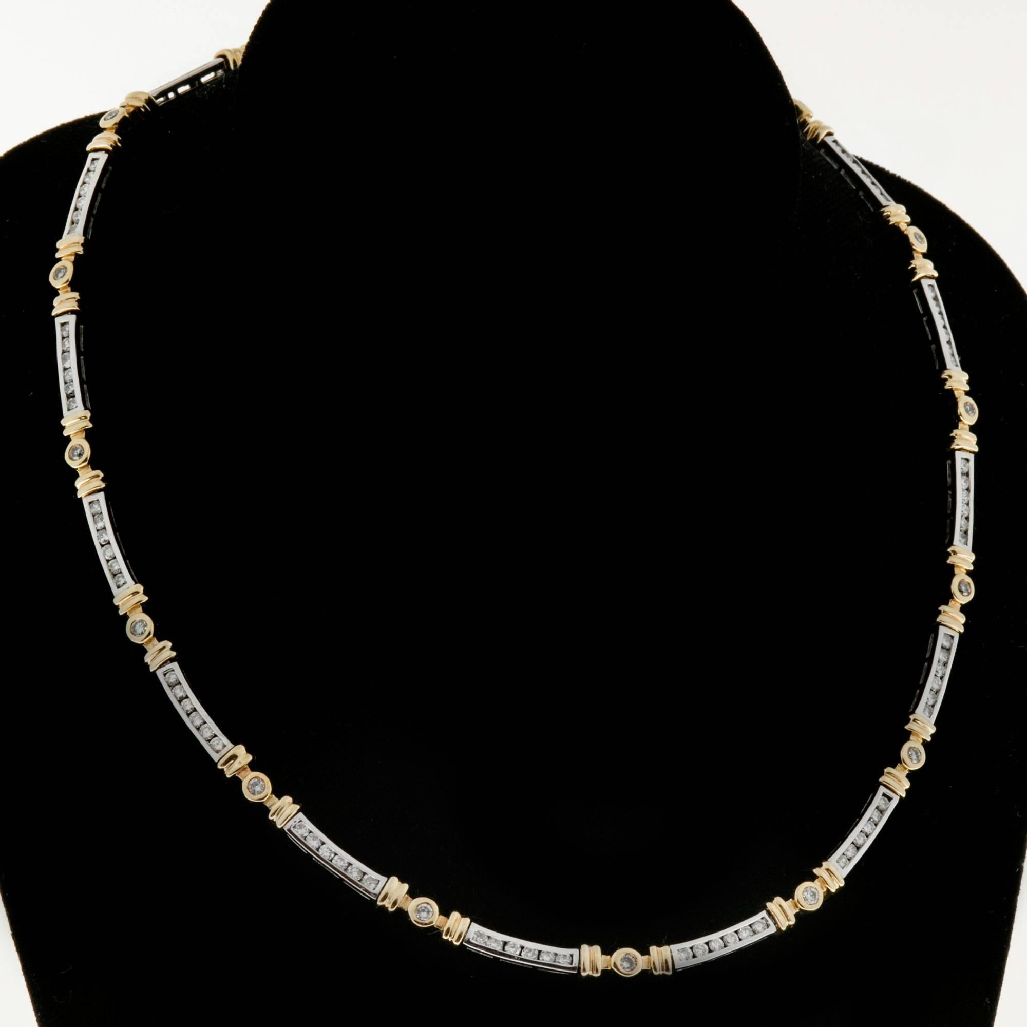 Women's Diamond Channel and Bezel Set Two Color Gold Necklace