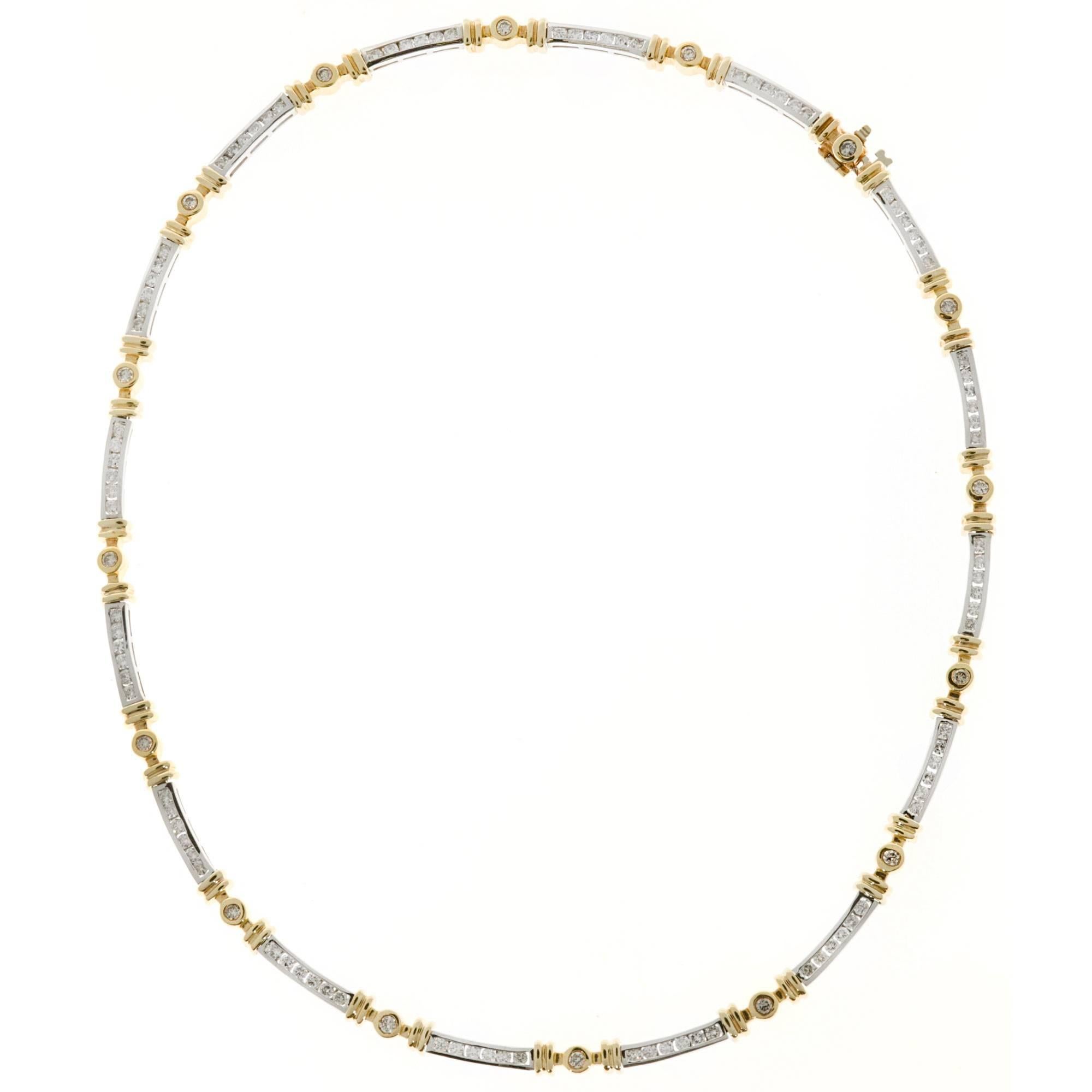 Diamond Channel and Bezel Set Two Color Gold Necklace