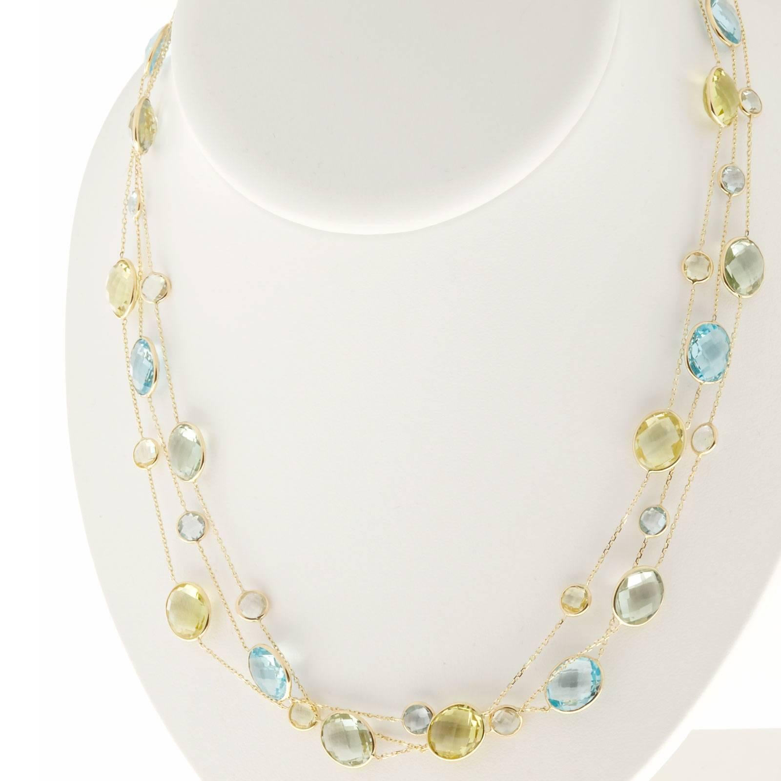 Women's 70.00 Cart Lemon Quartz Blue Topaz Green Amethyst Gold Three Strand Necklace For Sale
