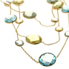 70.00 Cart Lemon Quartz Blue Topaz Green Amethyst Gold Three Strand Necklace