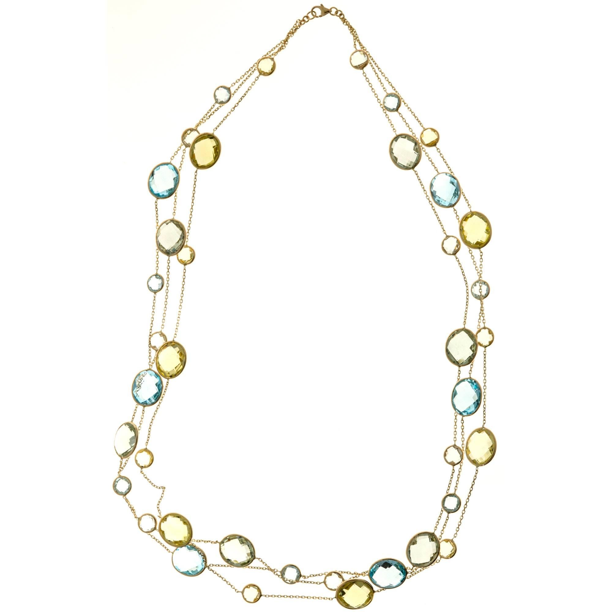 70.00 Cart Lemon Quartz Blue Topaz Green Amethyst Gold Three Strand Necklace In Good Condition For Sale In Stamford, CT