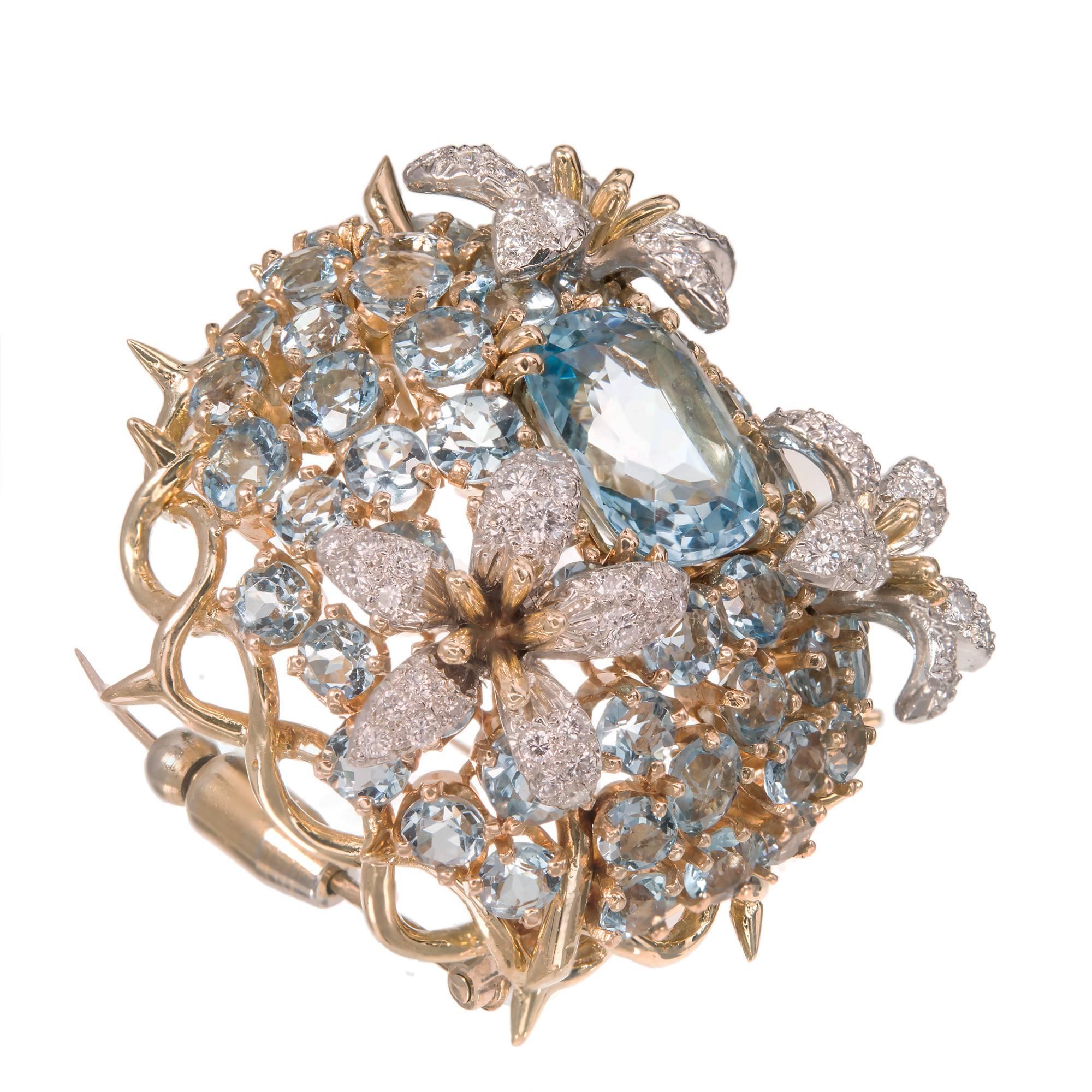 Tiffany & Co. original Schlumberger rare “Cousins” design aqua 18k yellow gold pin with bright blue aquas and three white gold flowers pave set with diamonds. 
Rare iconic Cousins Schlumberger Tiffany pin,seldom seen in Aqua,Superb example of The