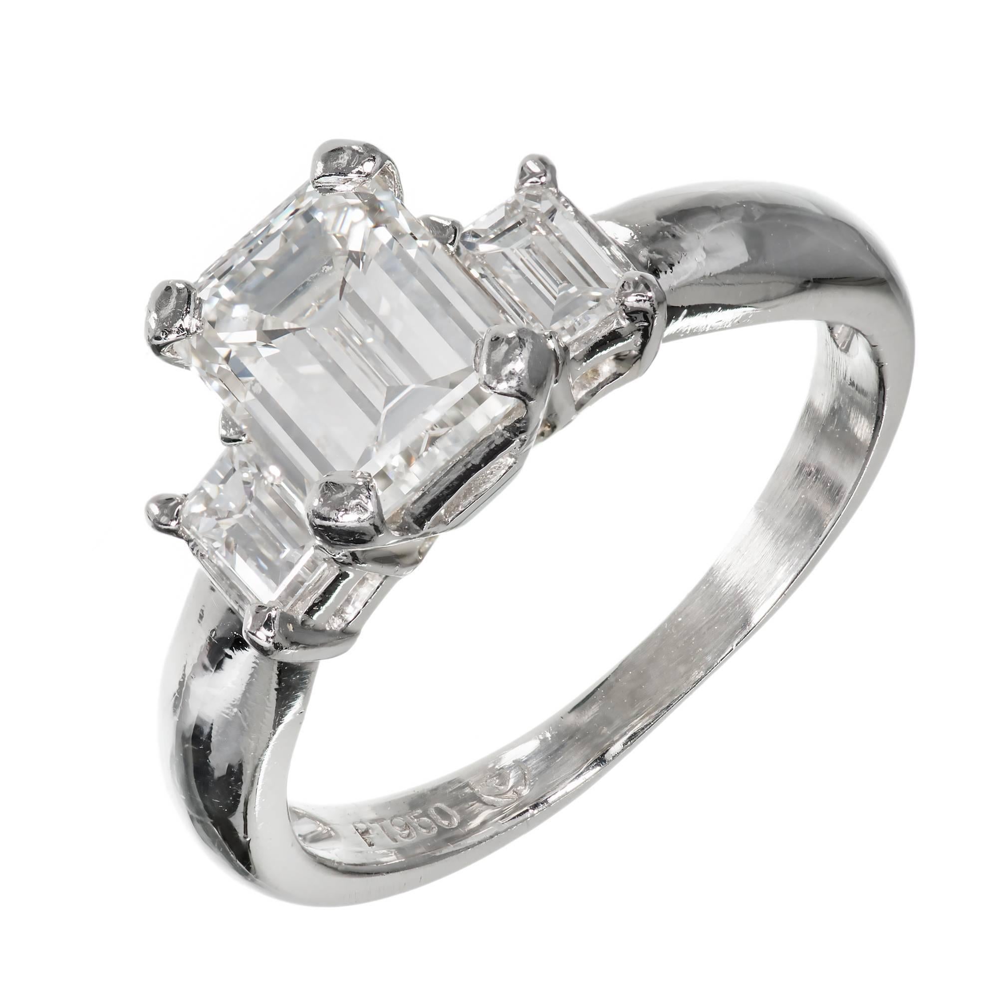 Three Stone Emerald Cut Diamond Platinum Engagement Ring
