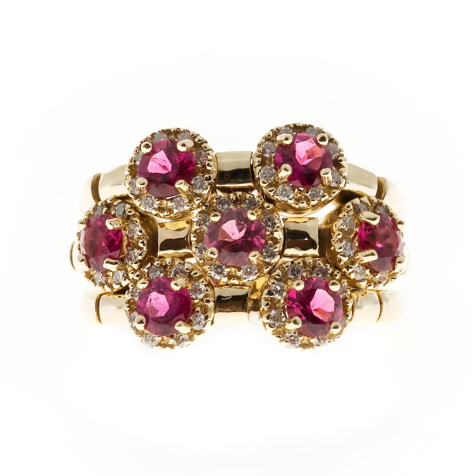  Sonia B Red Rubellite Diamond Gold Flex Ring. Set with bright red Rubellite's surrounded in a halos of full cut diamonds. 

56 full cut diamonds approx. total weight .42cts, G-H, SI1
7, 1.56ct 3.2mm fine red Rubellite
Stamped: 14k Sonia B
12.2
