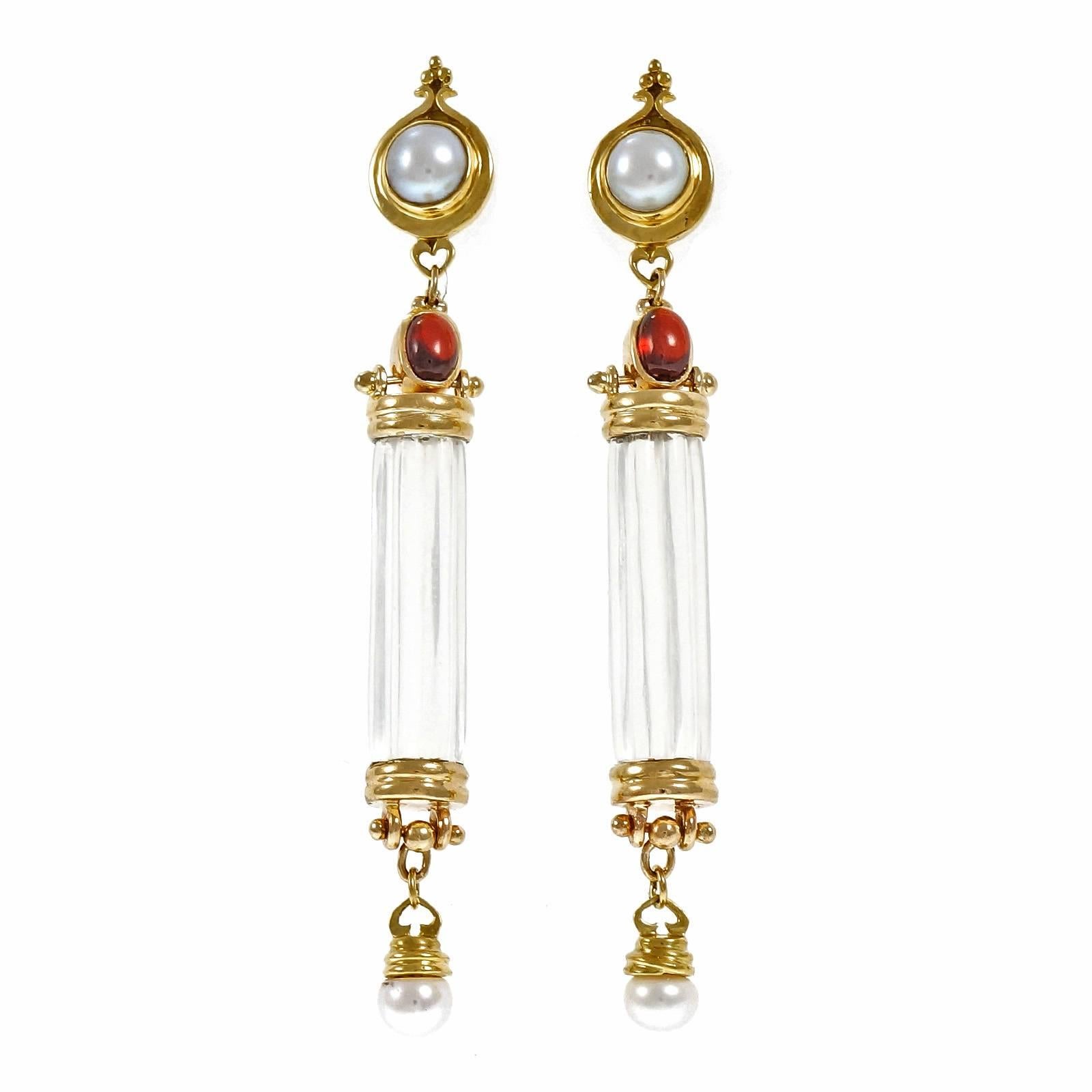 Quartz Crystal Pearl Garnet Gold Cylinder Dangle Earrings  