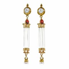 Vintage Quartz Crystal Pearl Garnet Gold Cylinder Dangle Earrings  