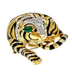 David Webb Emerald Diamond Gold Platinum Tiger Pin Brooch