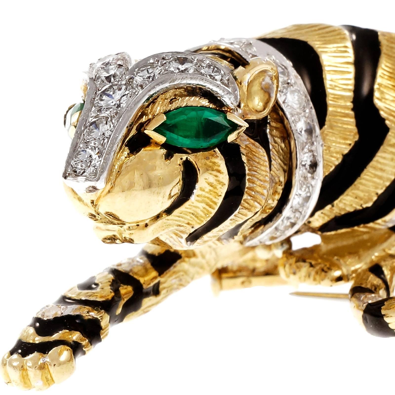 David Webb Emerald Diamond Gold Platinum Tiger Pin Brooch 1