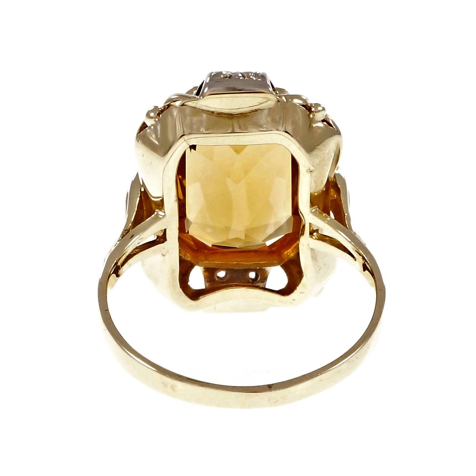 Octagonal Orange Citrine Diamond Gold Ring In Good Condition In Stamford, CT