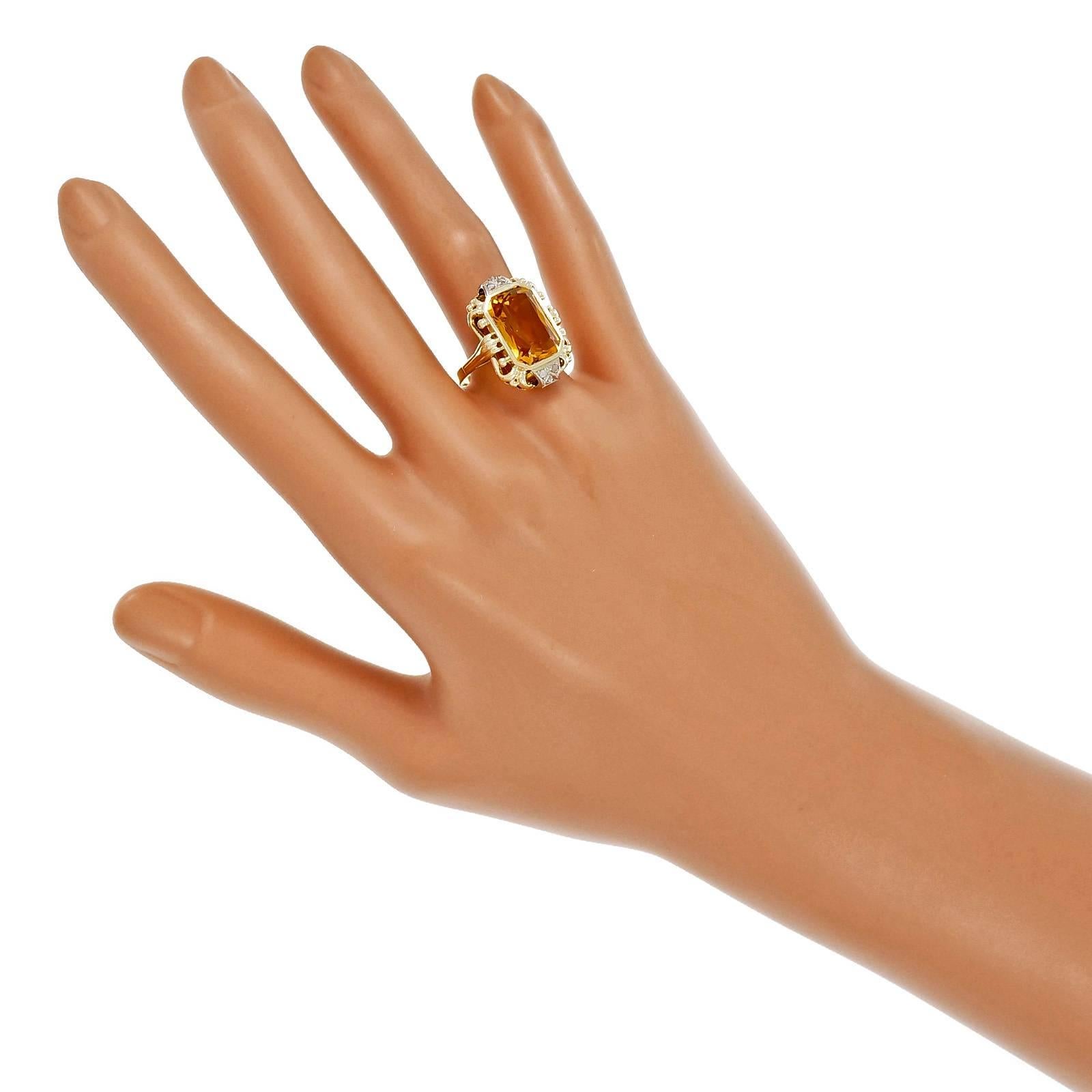 Octagonal Orange Citrine Diamond Gold Ring 2