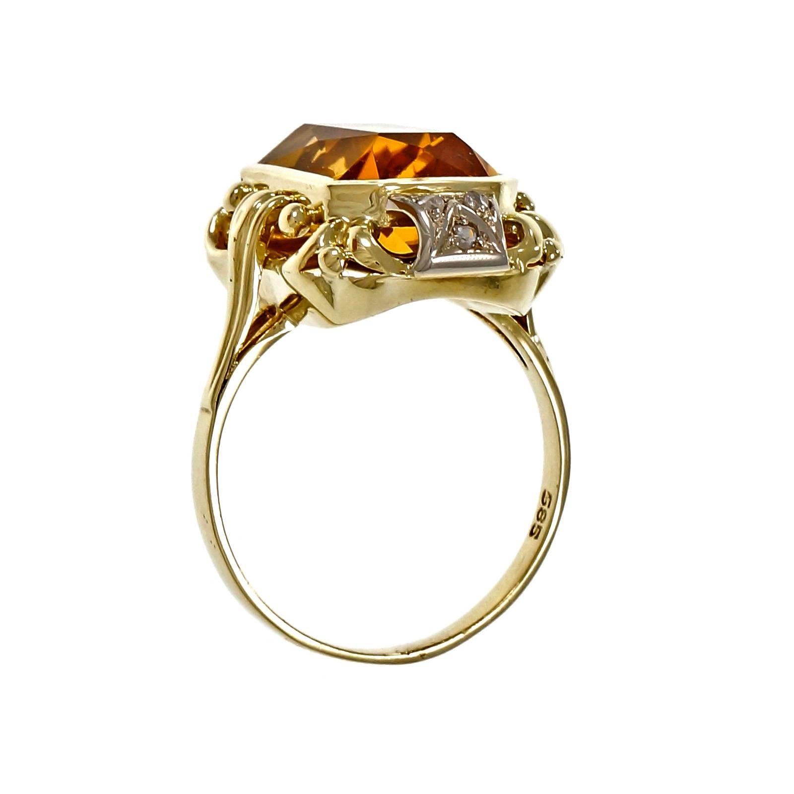 Octagonal Orange Citrine Diamond Gold Ring 1