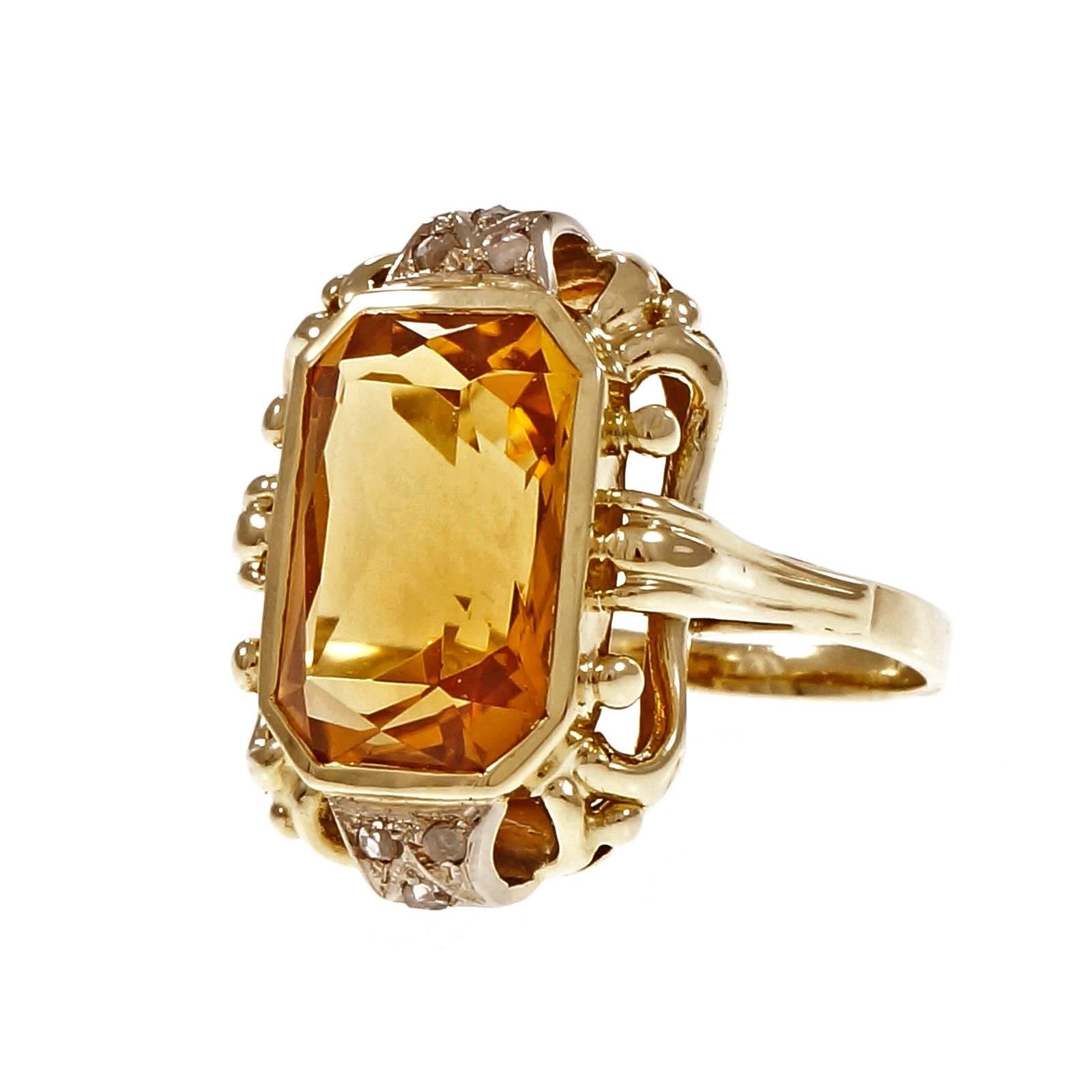 Women's Octagonal Orange Citrine Diamond Gold Ring