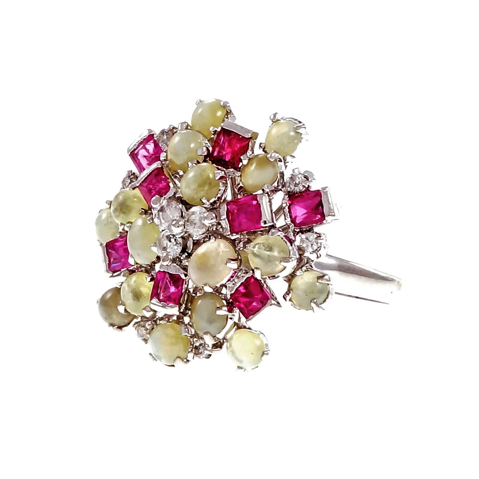 Women's Chrysoberyl Spinel Cat's Eye Diamond Gold Cluster Ring