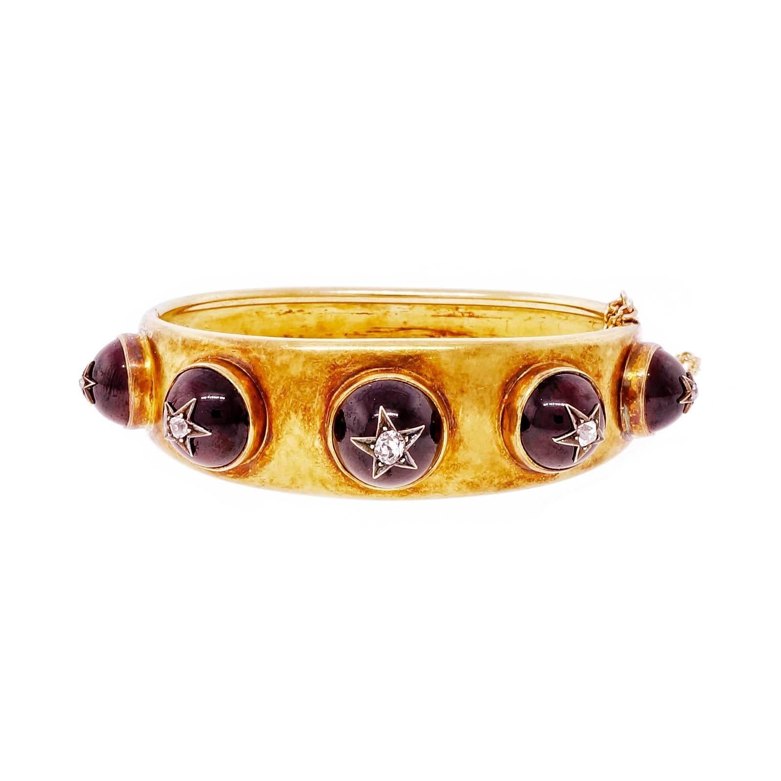 Victorian Garnet Diamond Gold Hinged Bangle Bracelet 