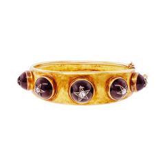 Antique Victorian Garnet Diamond Gold Hinged Bangle Bracelet 