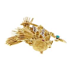 J. Rossi Turquoise Ruby Diamond Gold Robin Pin Brooch