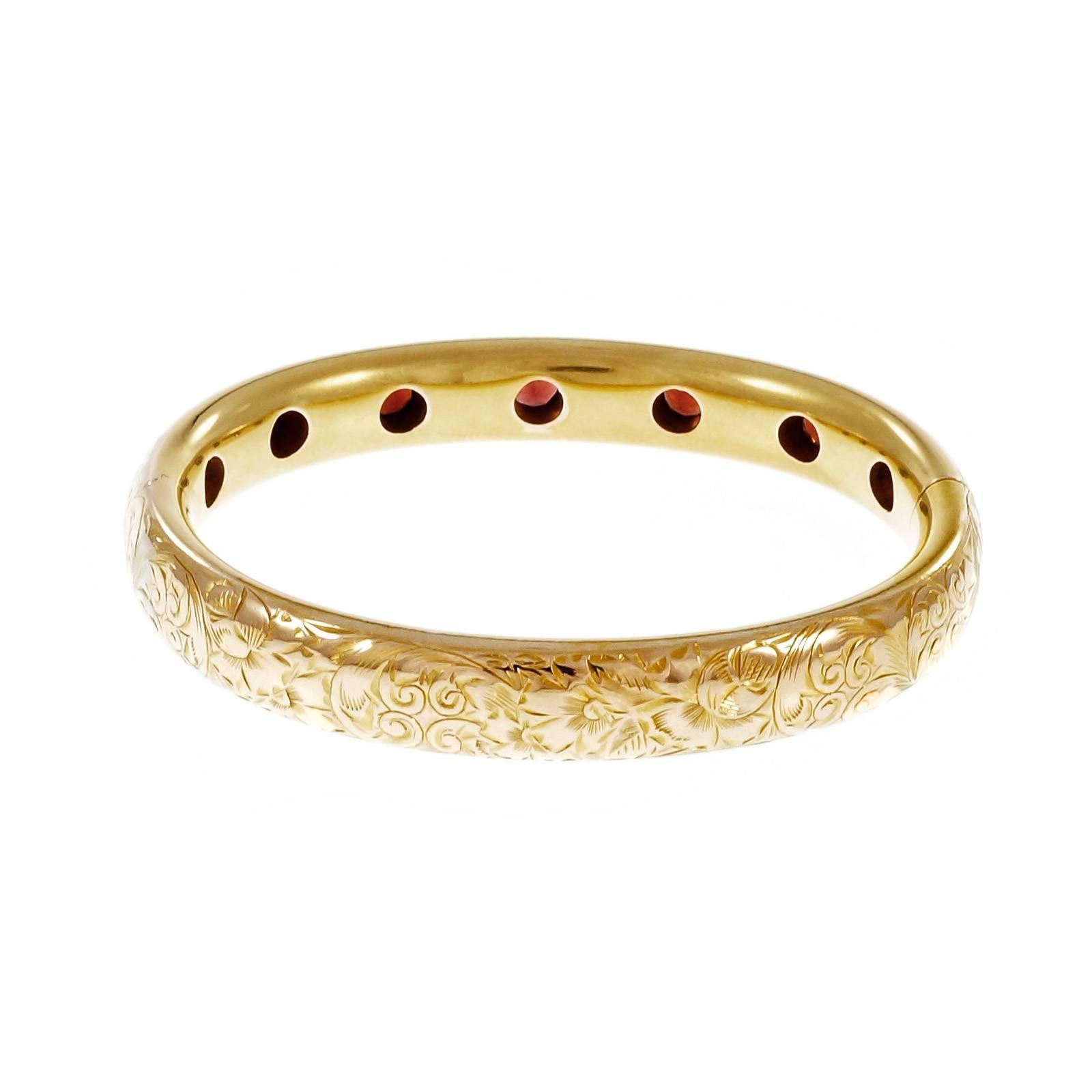 Garnet Engraved Gold Bangle Bracelet In Good Condition In Stamford, CT
