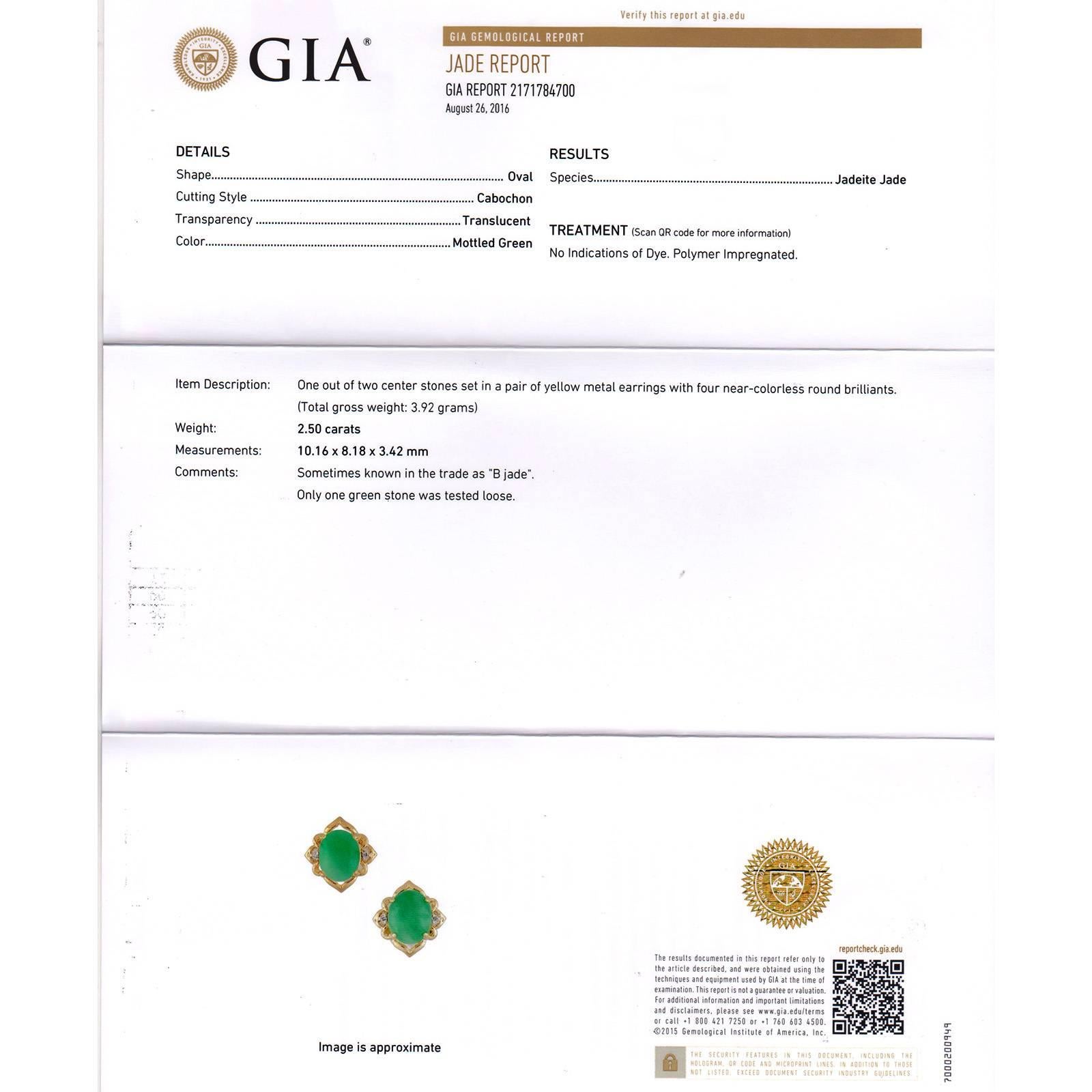 Women's GIA Certified Jadeite Jade Diamond Gold Earrings For Sale