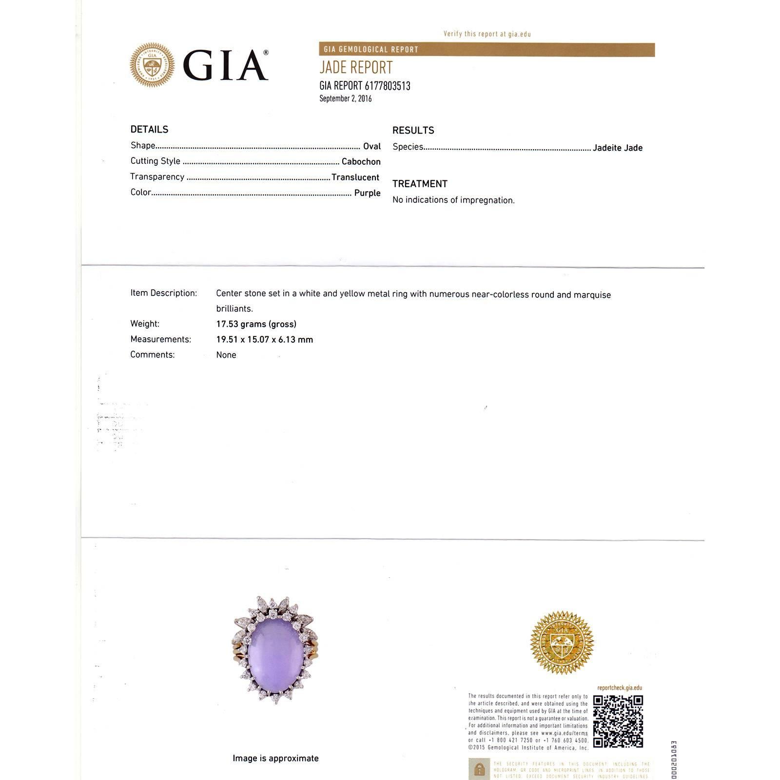 Oval Cut GIA Certified Purple Lavender Jadeite Jade Diamond Gold Cocktail Ring