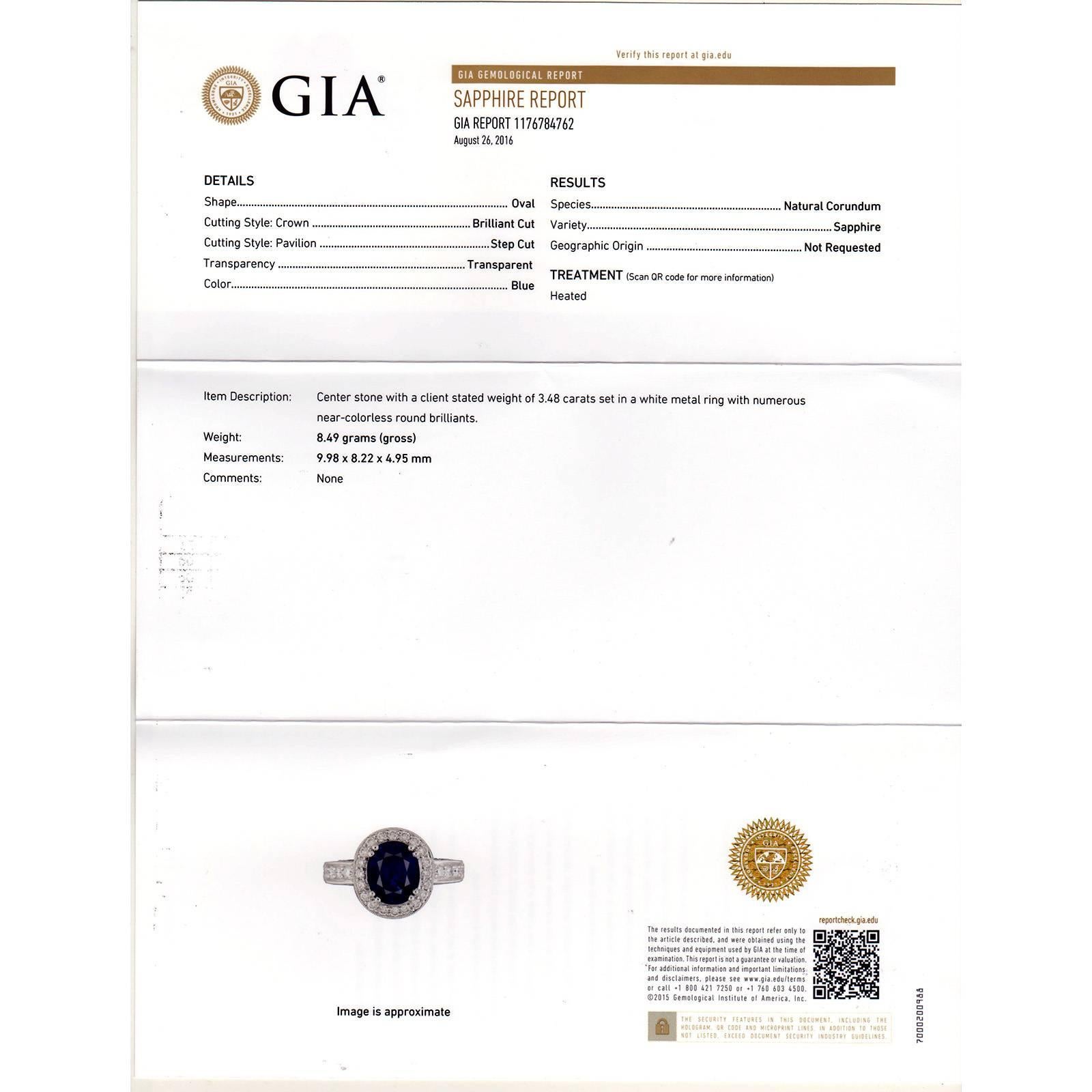 Gold-Verlobungsring mit GIA-zertifiziertem 3,48 Karat königsblauem Saphir und Diamant-Halo (Ovalschliff) im Angebot