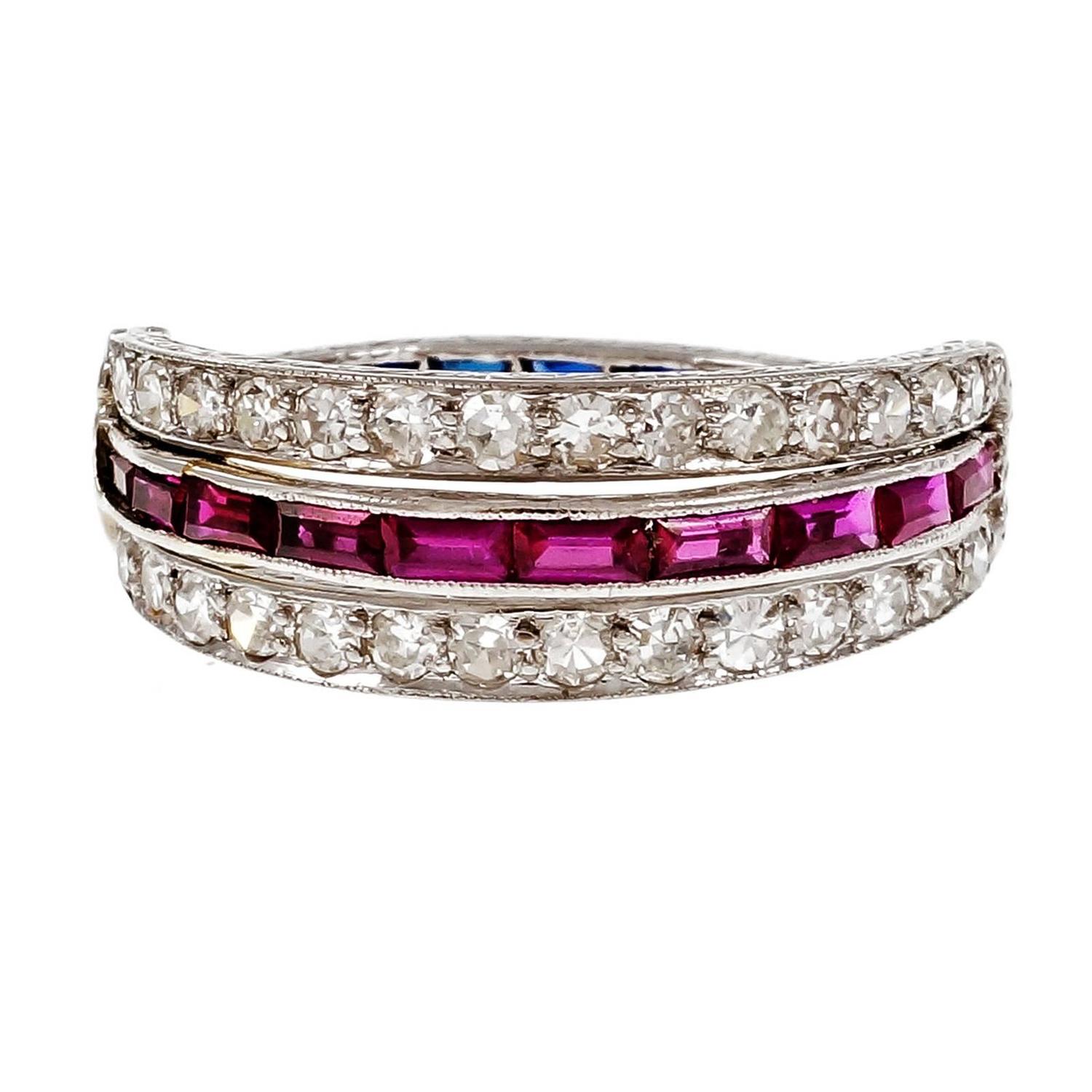 Diamond Ruby Sapphire Platinum Wedding Band Ring For Sale