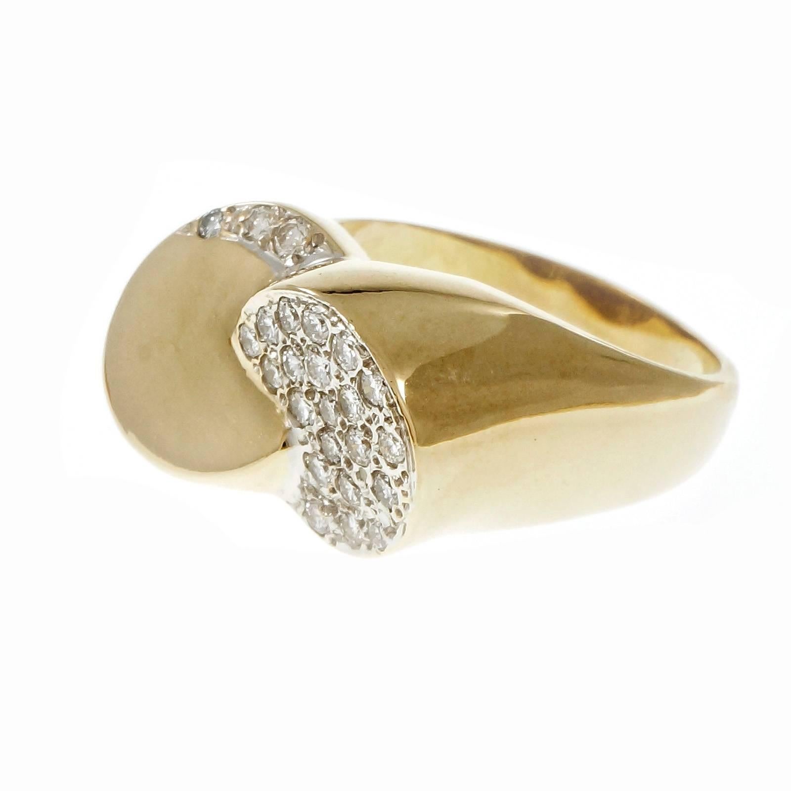 Diamond Pave Dome Swirl 14k Gold Cocktail Ring. Circa 1960’s

23 round full cut diamonds, approx. total weight .30cts, G, VS – SI
14k yellow gold
Tested: 14k
7.7 grams
Width at top: 11.64mm
Height at top: 8.22mm
Width at Bottom: 3.70mm
Size