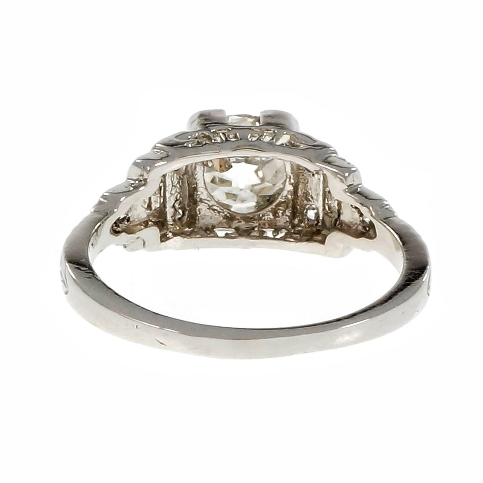Women's Art Deco Diamond Old European Cut Engagement Platinum Ring  For Sale