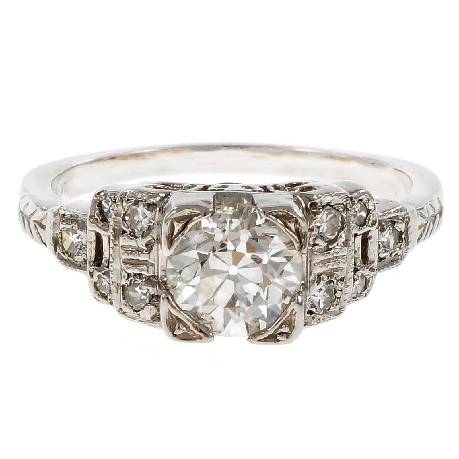 Art Deco Diamond Old European Cut Engagement Platinum Ring 