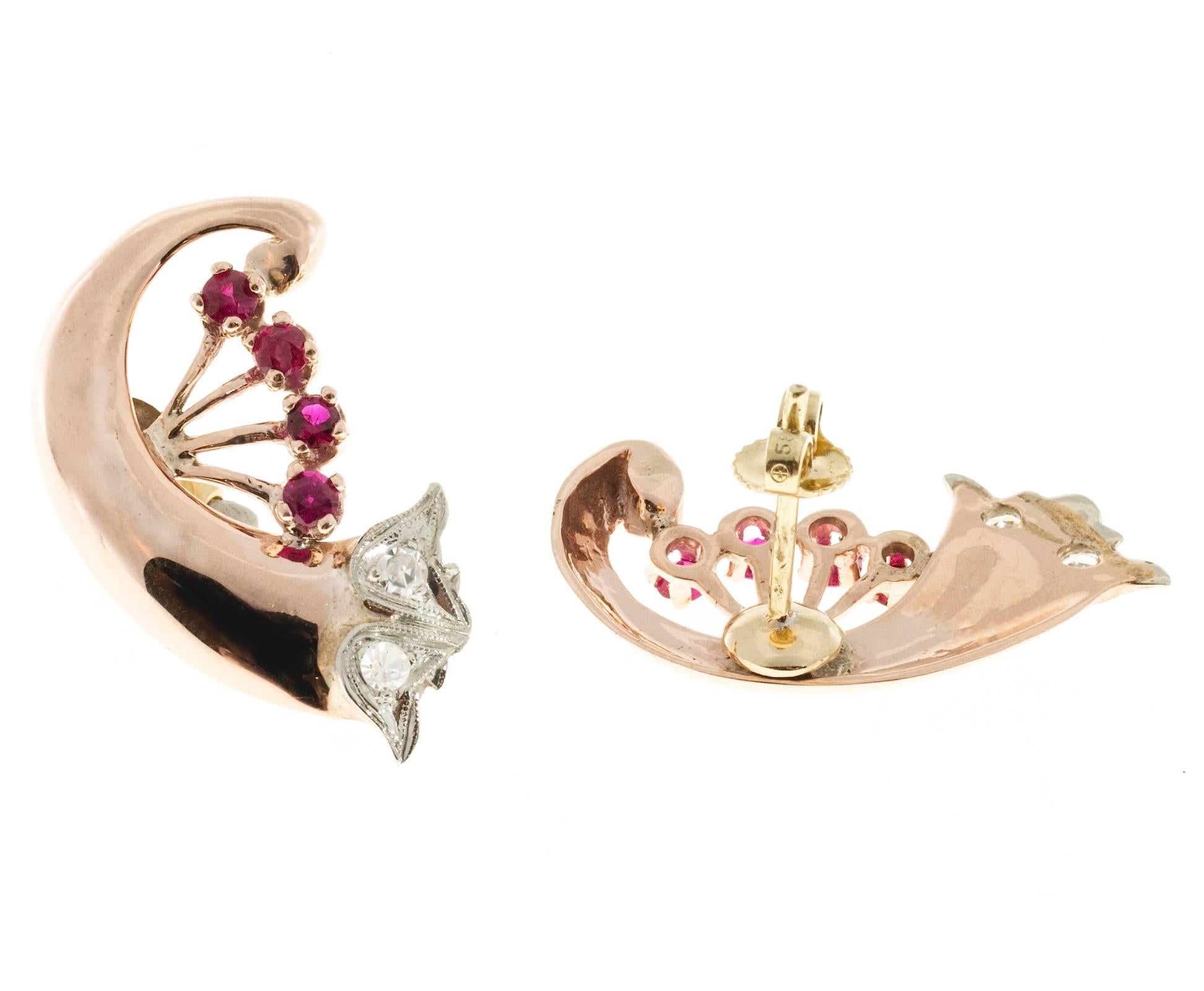 Women's Art Deco Ruby Diamond Rose White Gold Swirl Earrings For Sale