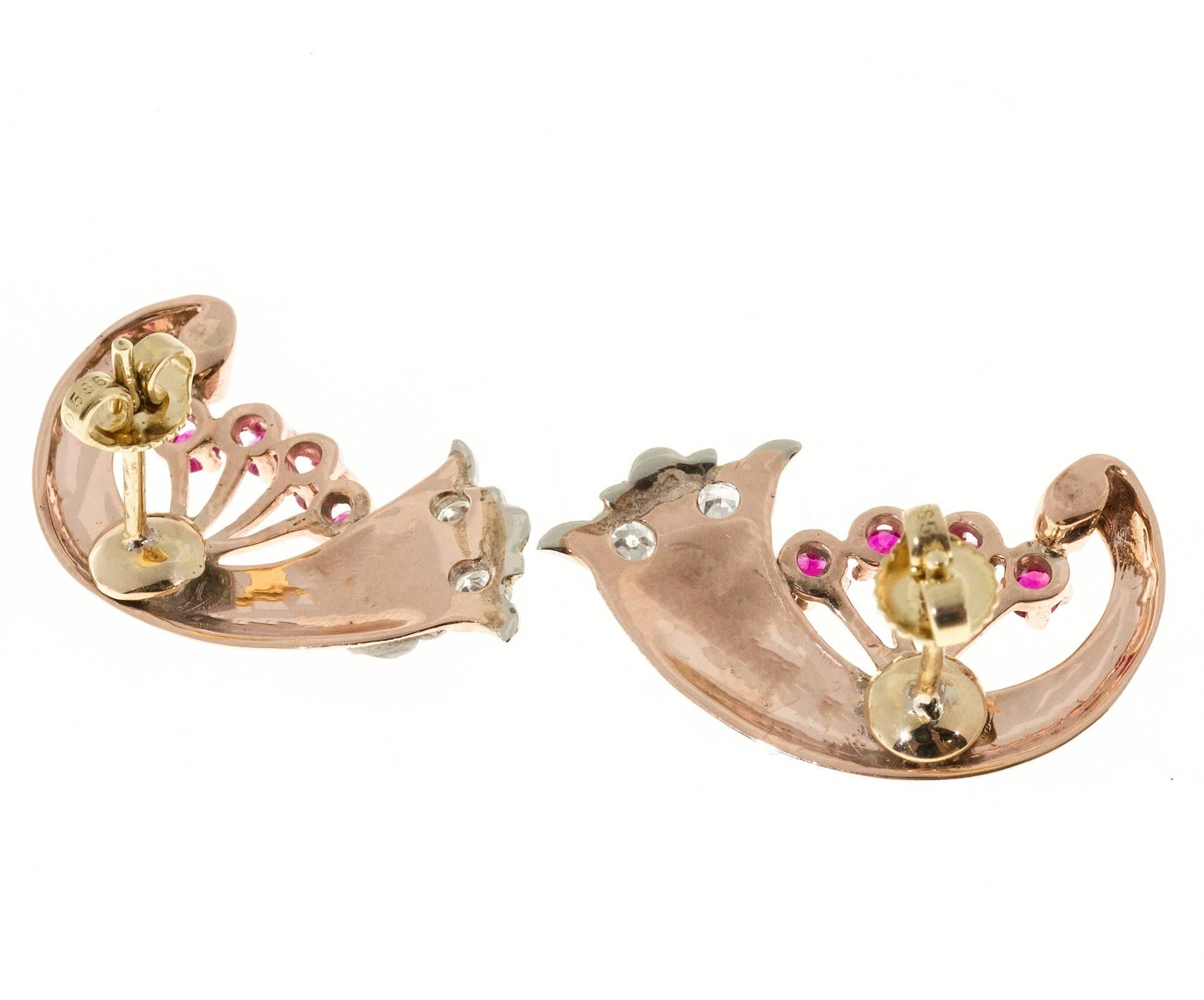 Art Deco Ruby Diamond Rose White Gold Swirl Earrings For Sale 1
