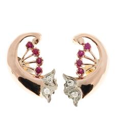 Art Deco Ruby Diamond Rose White Gold Swirl Earrings