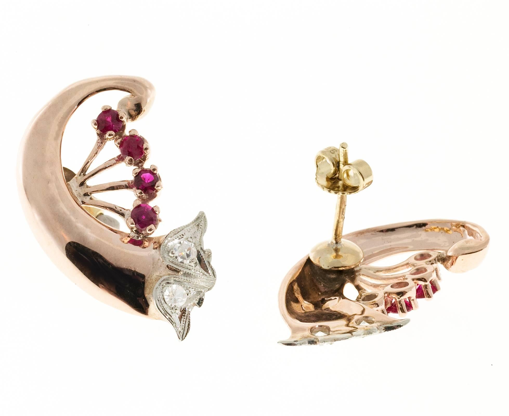 Art Deco Ruby Diamond Rose White Gold Swirl Earrings For Sale 2