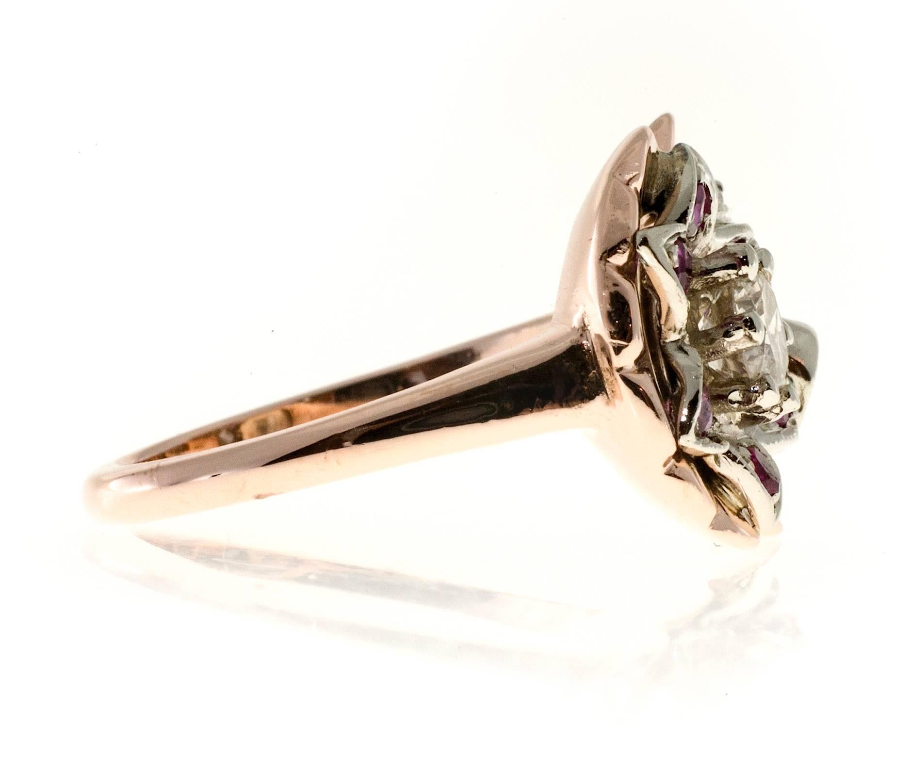 Diamond Ruby Flower Rose White Gold Cocktail Ring  In Good Condition For Sale In Stamford, CT