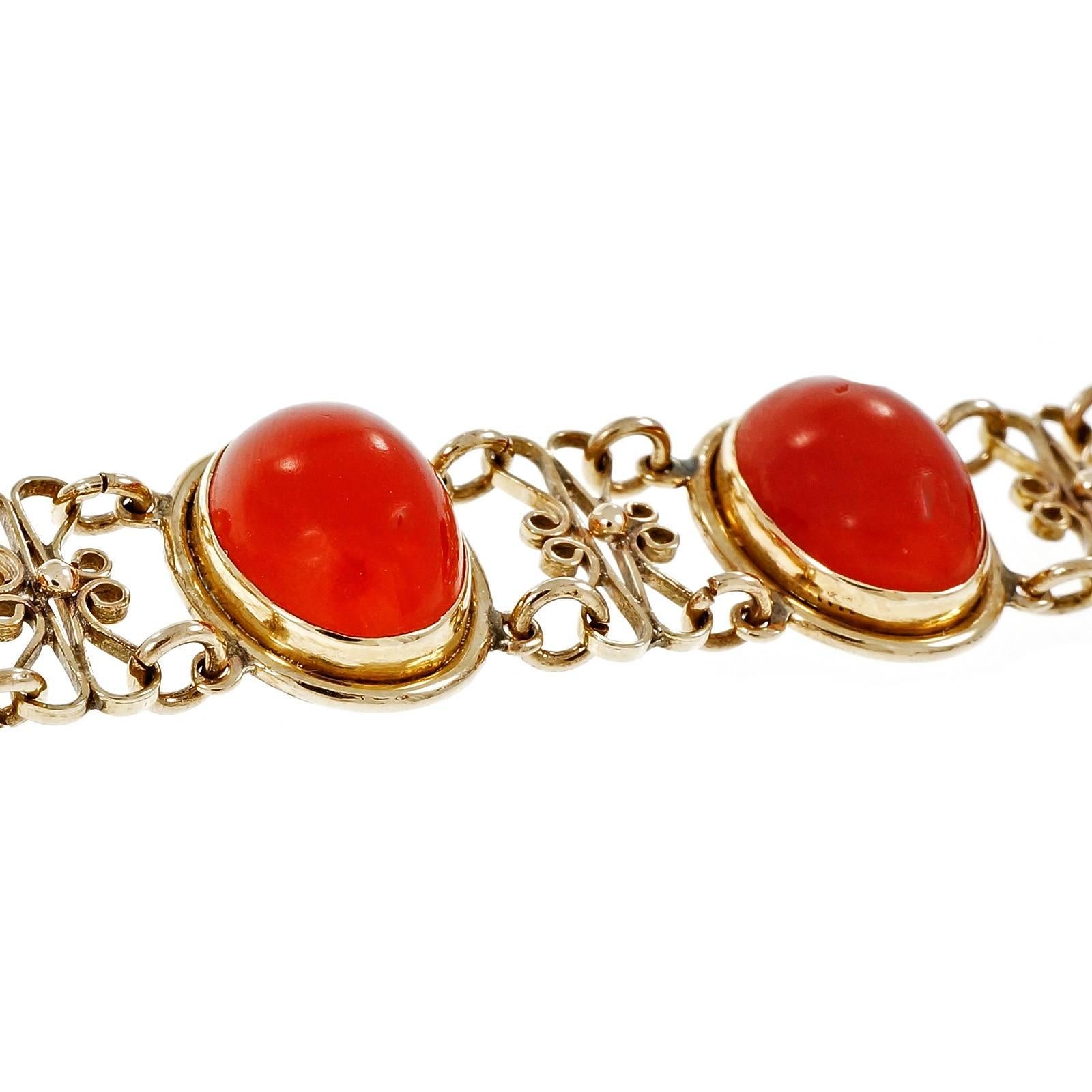 Women's Oval Orange Red Natural Coral Gold Bracelet 