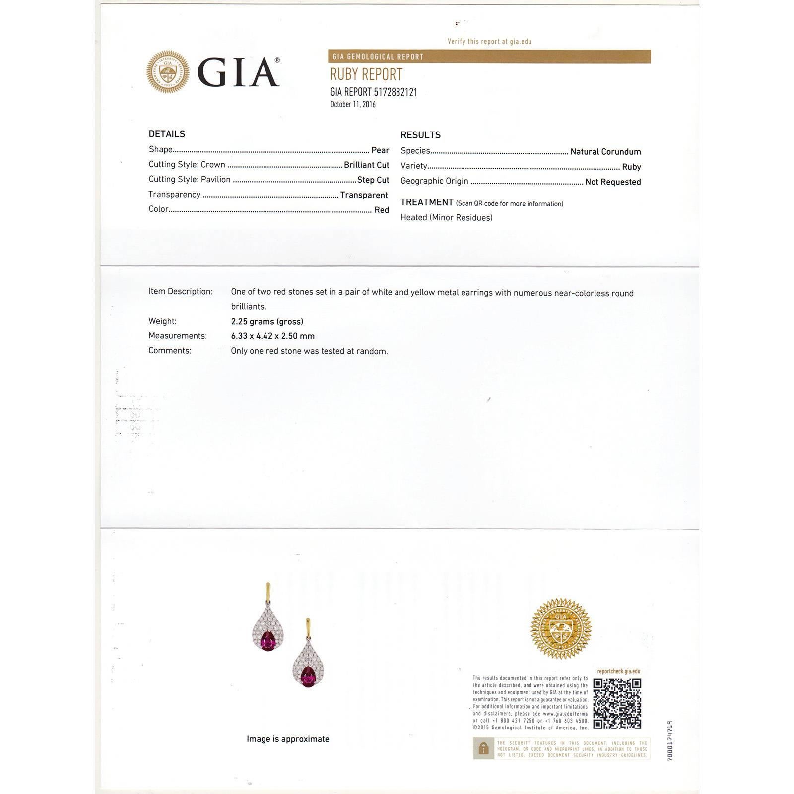 GIA Certified 1.20 Pear Red Ruby Diamond Gold Dangle Earrings  1