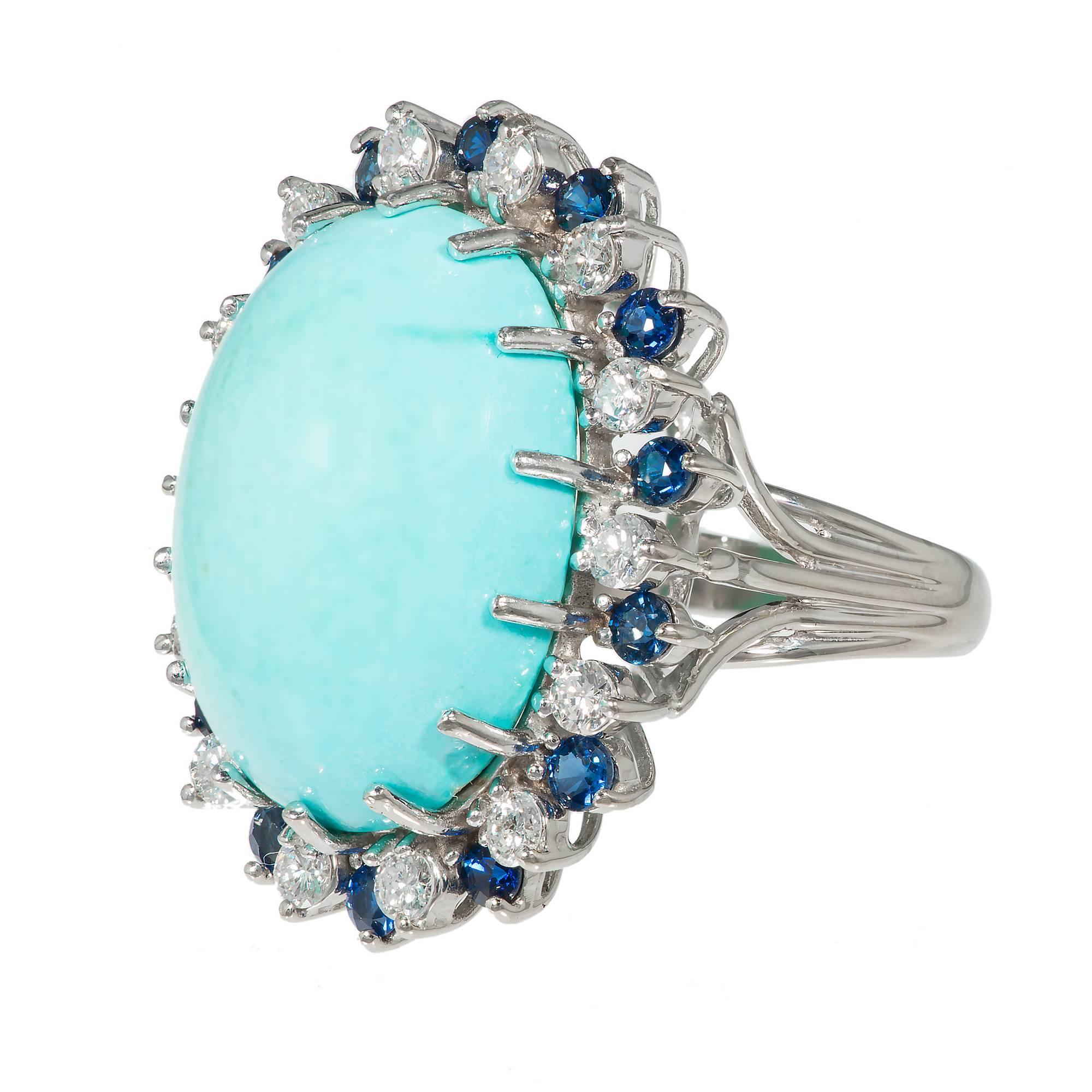 Oval Turquoise Sapphire Diamond Halo Gold Cocktail Ring  In Good Condition In Stamford, CT