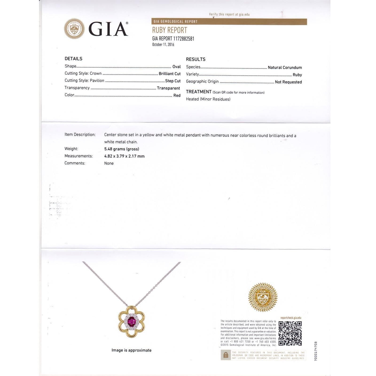 Oval Cut Spark GIA Certified .50 Carat Oval Ruby Diamond Halo Gold Pendant Necklace For Sale