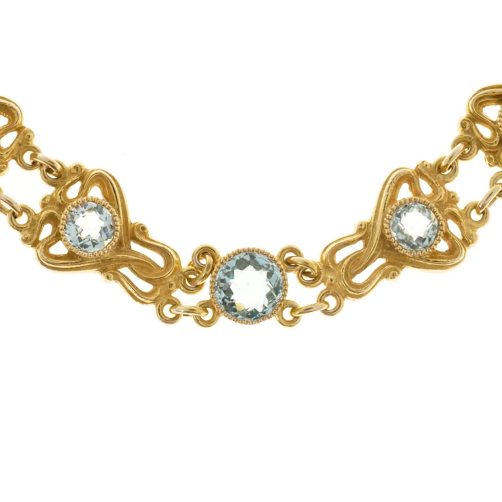 4.50 Carat Aquamarine Art Nouveau Open Work Gold Bracelet In Good Condition For Sale In Stamford, CT
