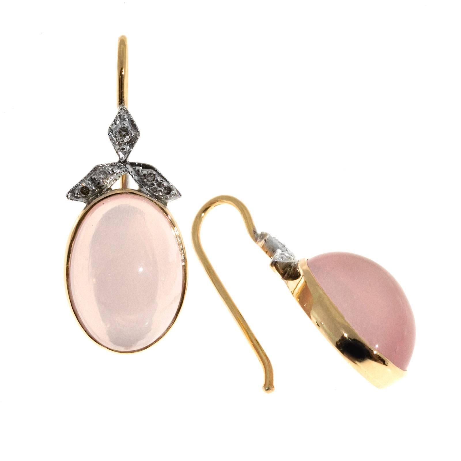 Oval Rose Quartz Cabochon Diamond Danlge Gold Earrings. 14k rose and white gold with simple wire tops. Circa 1940

2 light pink oval cabochon rose Quartz, approx. total weight 10.00cts, VVS, 14 x 10mm
10 full cut diamonds, approx. total weight