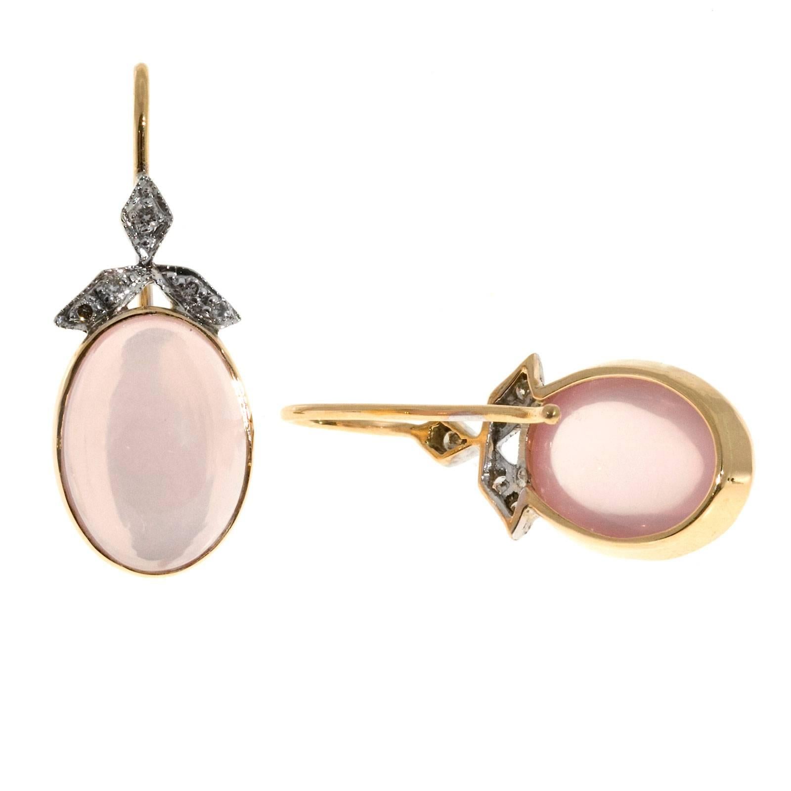 Women's Oval Rose Quartz Cabochon Diamond Danlge Gold Earrings