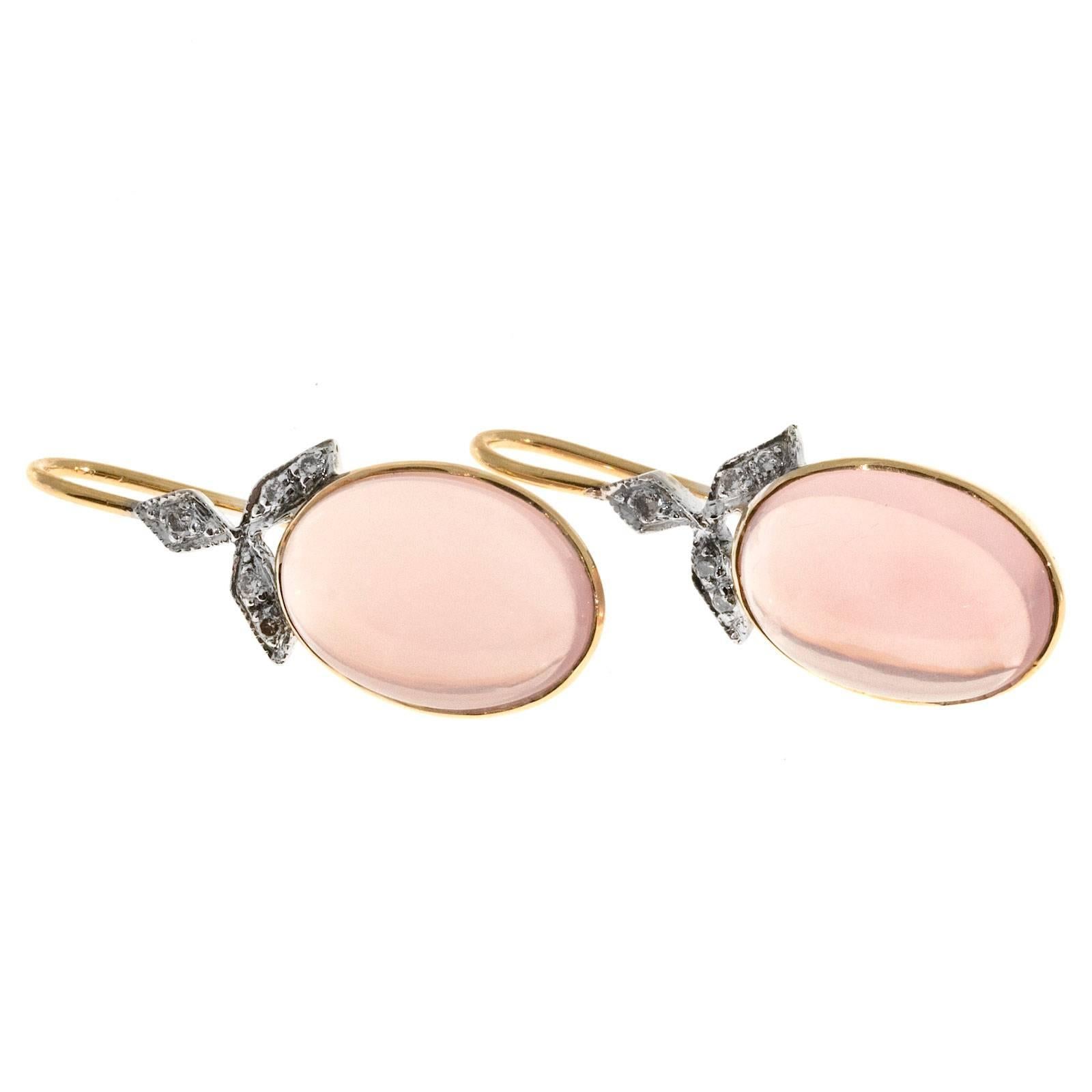 Oval Rose Quartz Cabochon Diamond Danlge Gold Earrings In Good Condition In Stamford, CT