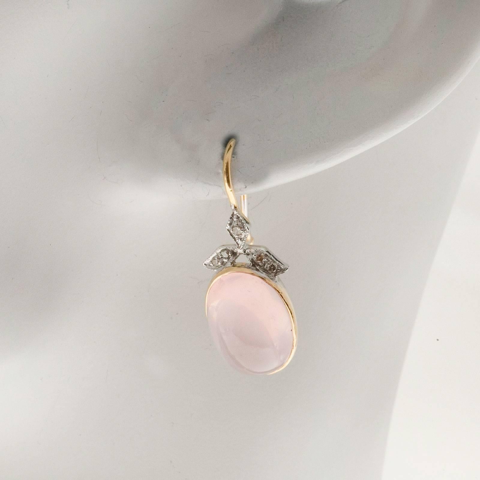 Oval Rose Quartz Cabochon Diamond Danlge Gold Earrings 2