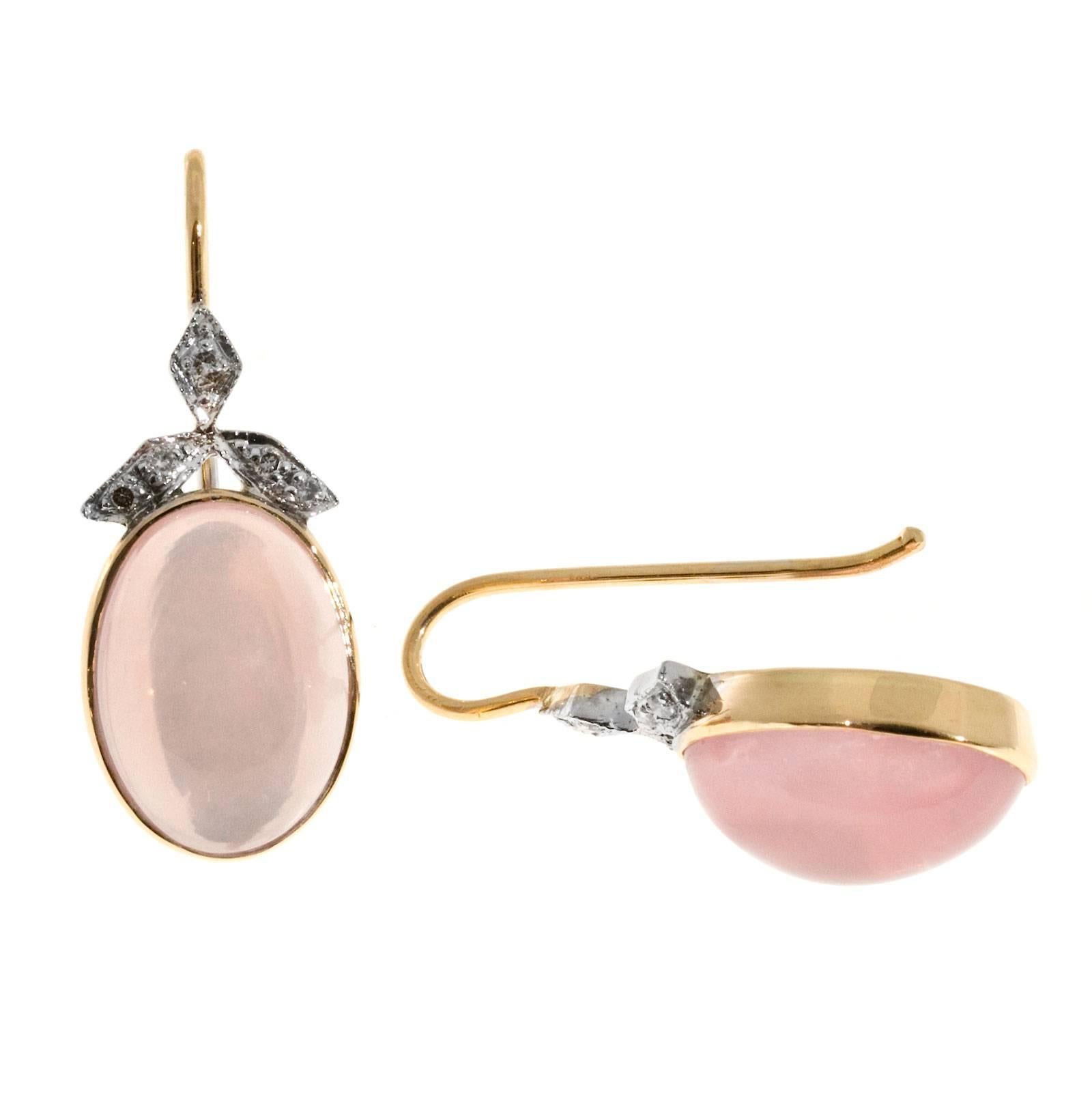 Oval Rose Quartz Cabochon Diamond Danlge Gold Earrings 1