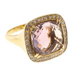 Vintage Cushion Smokey Quartz Diamond Halo Gold Cocktail Ring